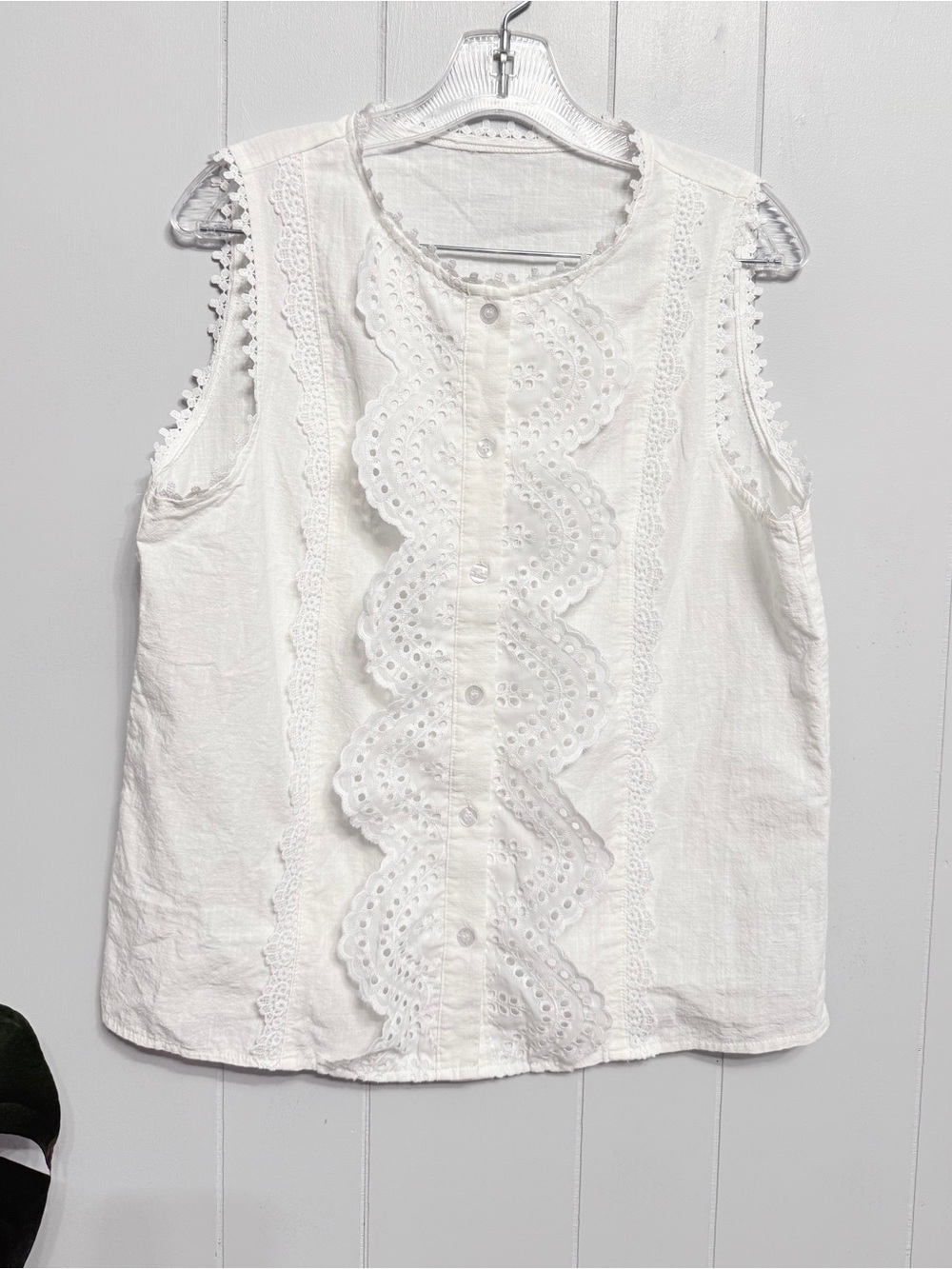 #1)  Cotton White Eyelet  Sleeveless Button-Front Top